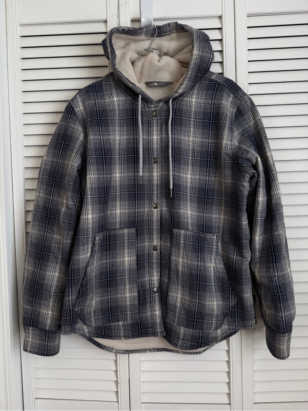 The North Face Womens Plaid Hike In Sherpa Hoodie Jacket Snap Up Large Gorpcore